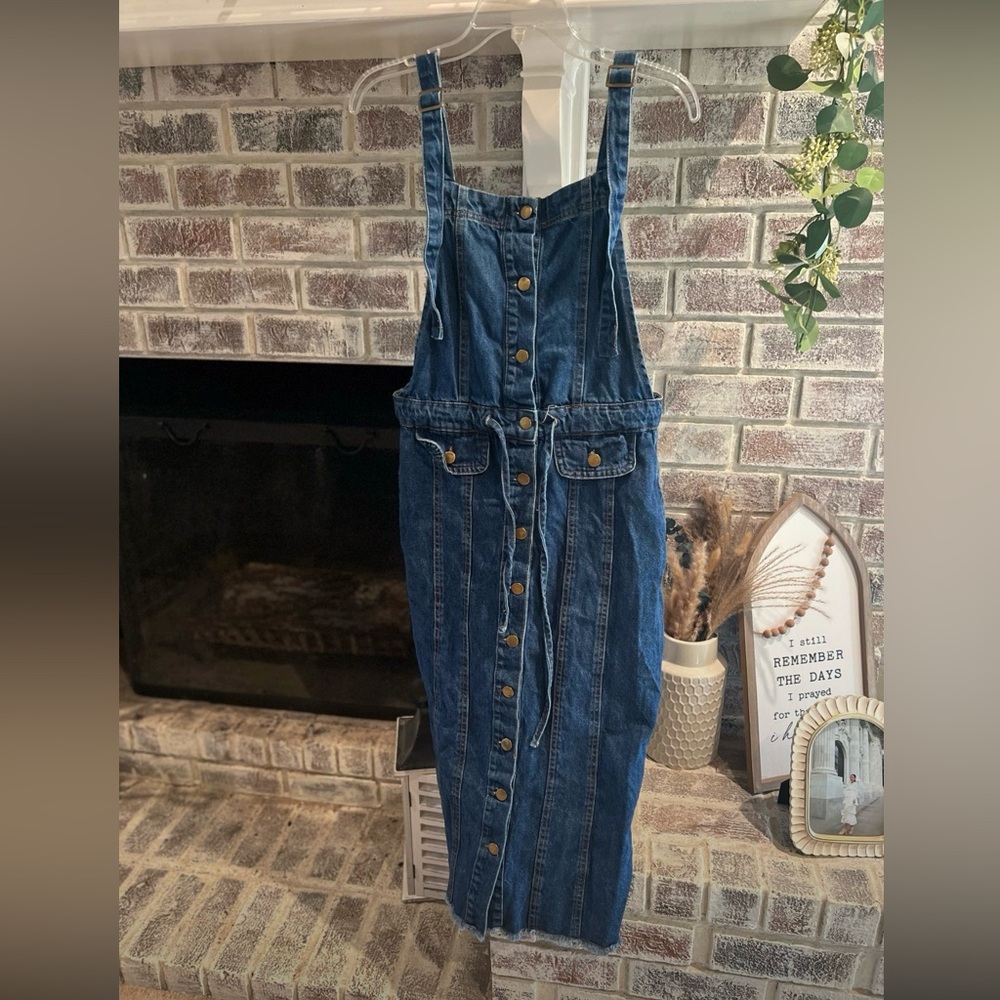 Button-Front Denim Overall Dress in Dark Blue